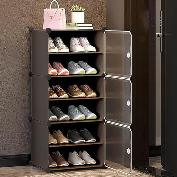 ๐ ๐๐ก๐๐ฅ๐ DIY Shoe Rack Box Organizer | Multi-Purpose Plastic Shoe Rack for Home | Home Storage Shoe Rack with Door for Entryway, Chappal Slipper Sandals Shoe StandใGrey, 6-Shelf-3-Doorใ