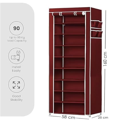 Wardrobe 6-9 Shelves Storage Clothes Storage Rack Quick Wardrobe/Cabinet/Multipurpose Storage Rack, Foldable, Collapsible Fabric Organizer for Home Office (Maroon, 6)