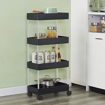  Plastic Kitchen Storage Trolley Rack with Wheels, Slide Out Storage Shelves Space Saving Home Storage Organizer Racks, Rolling Utility Cart (Black, 4 Layer)