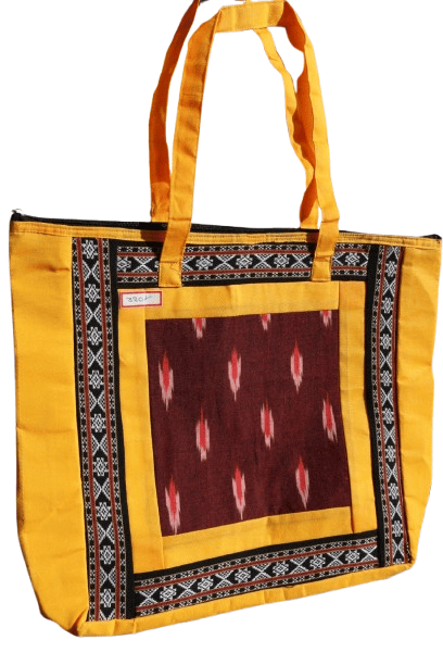 Vibrant Yellow Ethnic Print Cotton Tote Bag with Ikat Design - Handbags | Buy online on ZillyBuy