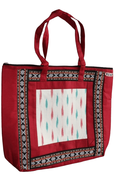 Stylish Red Ikat Pattern Tote Bag with Woven Trim - Handbags | Buy online on ZillyBuy