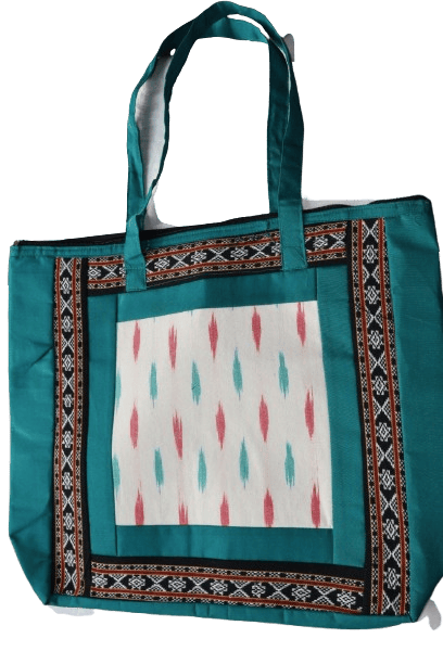 Teal Ikat Print Tote Bag with Tribal Geometric Border
