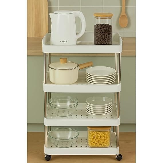 Heavy Duty Plastic Storage 4 TierShelves for Home Kitchen Garage Bathroom | Multipurpose Tiered Rack Organizer with Wheels | Strong Load-Bearing Modular Storage Unit 