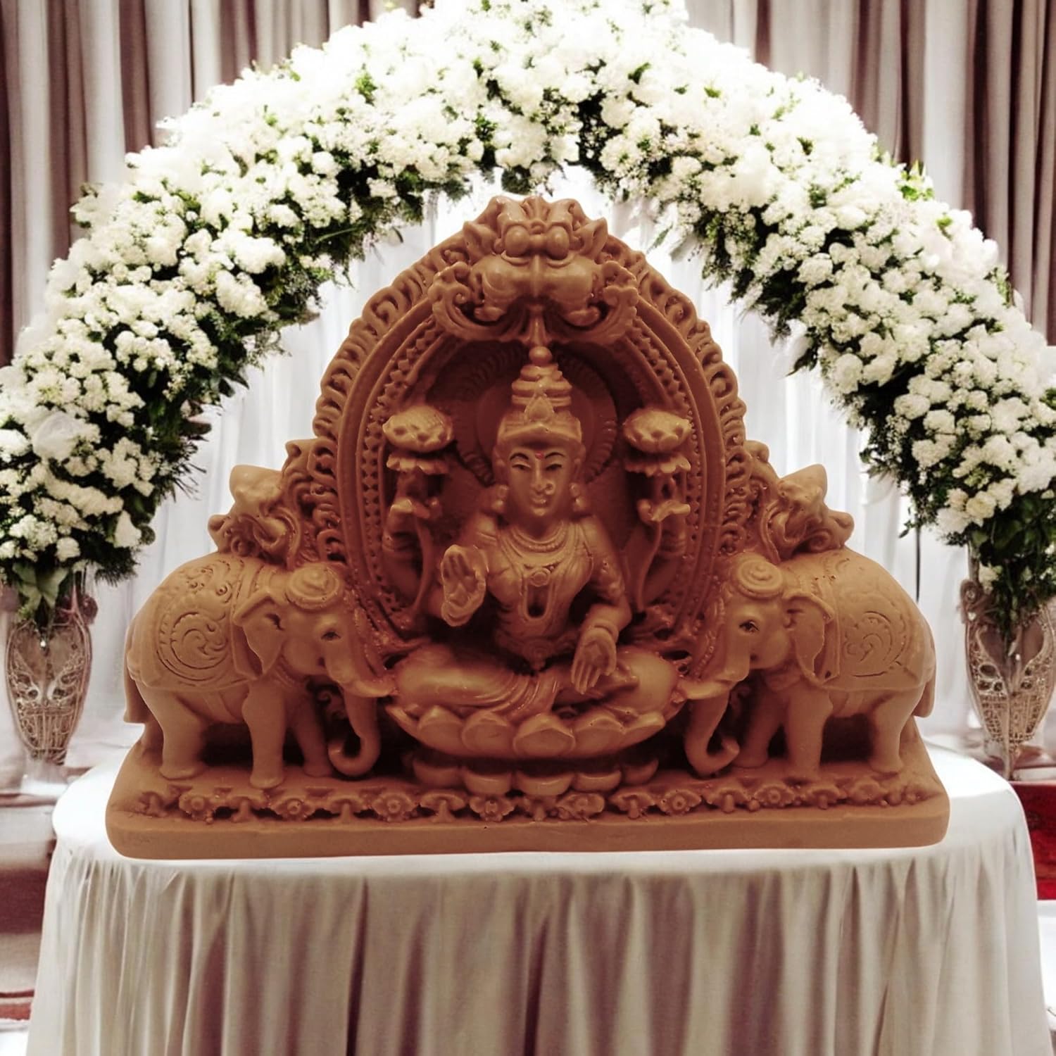 AMS Goddess Lakshmi Devi Idol Statue with Elephants for Puja, Handcrafted Hindu Religious Idols for Home Temple, Lakshmi on Lotus, Decorative Laxmi Murti for Worship, Pooja & Gifting