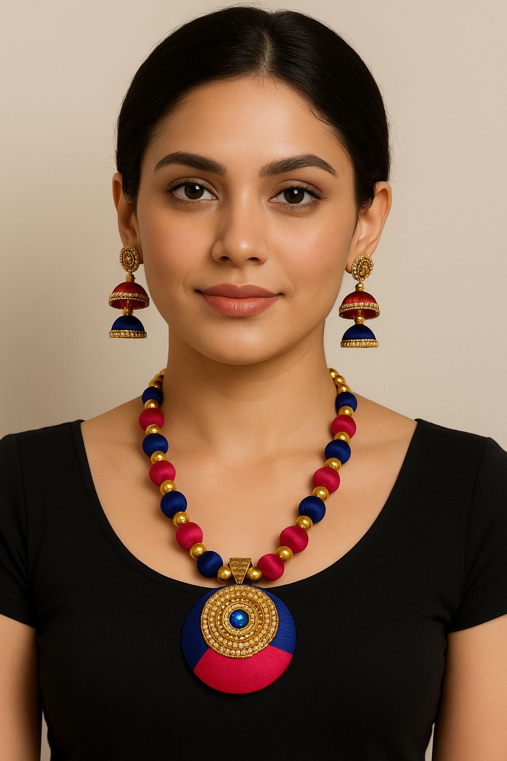 Fuchsia & Blue Silk Thread Beaded Necklace with Jhumka Earrings Set