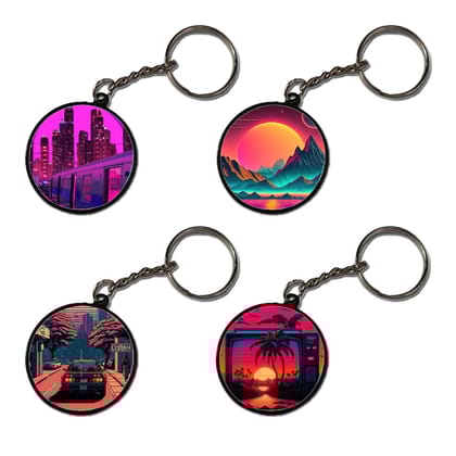 Synthwave City - A Combo Of 4 Black Border Keychains-Circle