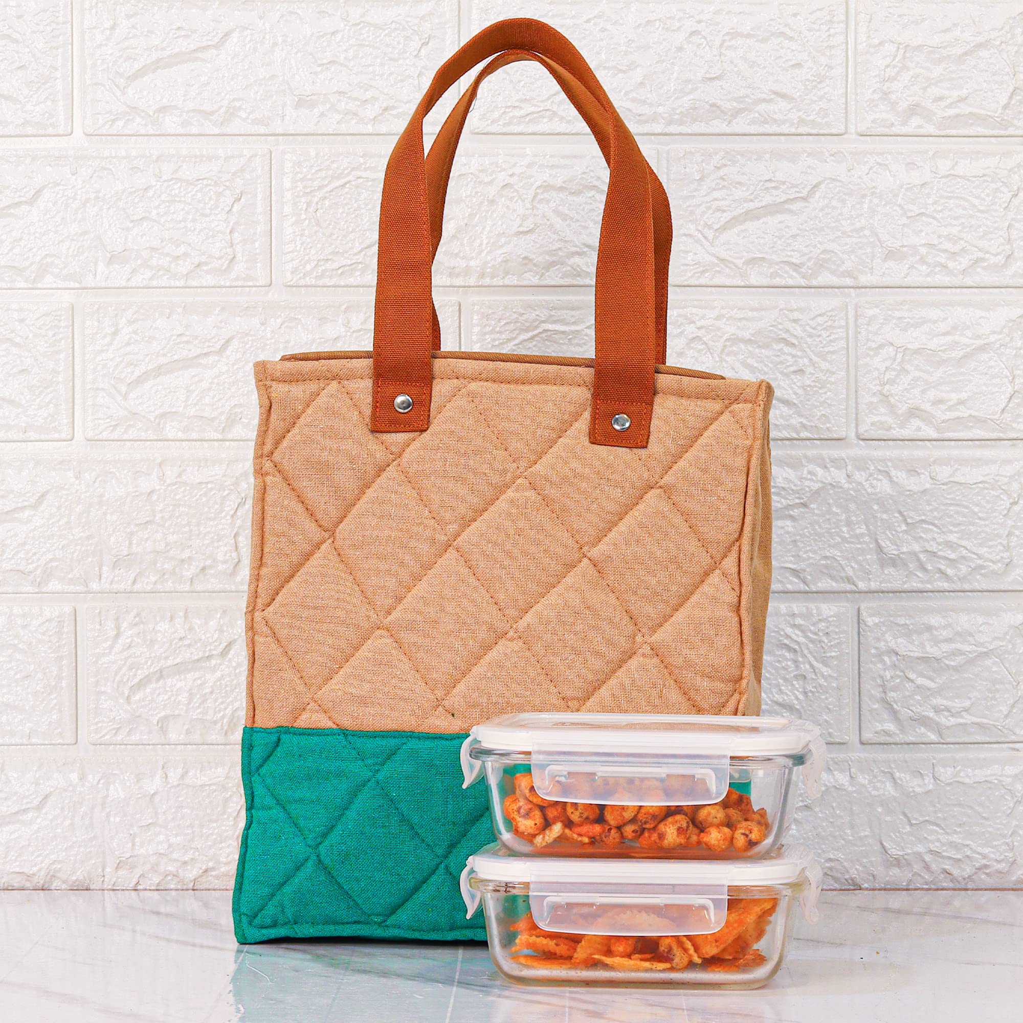 Femora Borosilicate Glass Microwave Safe Container Multipurpose Lunch Box for Office, Green, Rectangle-400 ml (2 Container).