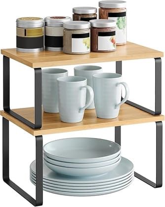  Cabinet Organizer Shelf, Set of 2 Kitchen Counter Shelves, Kitchen Storage, Spice Rack, Stackable, Expandable, Metal and Engineered Wood, Black and Natural (Wooden)