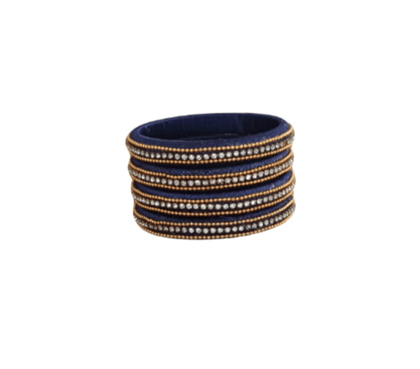 Dark Blue Silk Thread Bangles with Gold Beads & Rhinestones - Set of 4