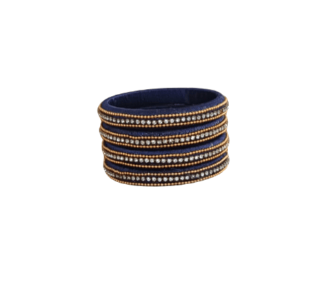 Dark Blue Silk Thread Bangles with Gold Beads & Rhinestones - Set of 4
