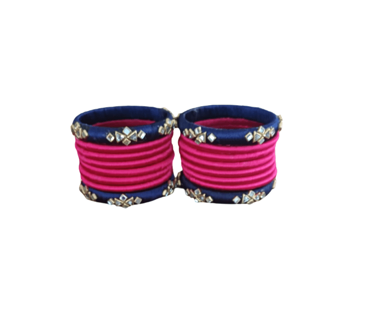Vibrant Hot Pink & Blue Thread Bangles with Mirror Work Set
