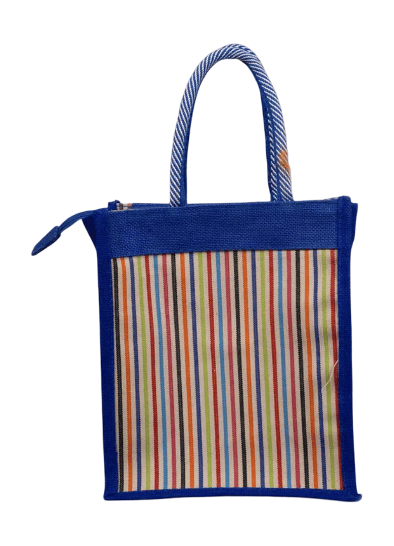 Vibrant Royal Blue Striped Jute Tote Bag with Zipper Closure