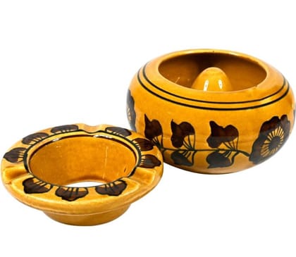 Hand-Painted Ochre Yellow Ceramic Ashtray Set with Floral Design Hand-Painted Ochre Yellow Ceramic Ashtray Set with Floral Design