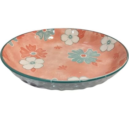 Charming Peach Floral Ceramic Serving Plate Bowl with Teal Accents