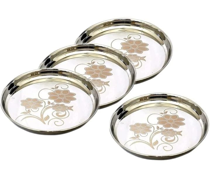 Stainless Steel Dinner Plates with Floral Design - Set of 4