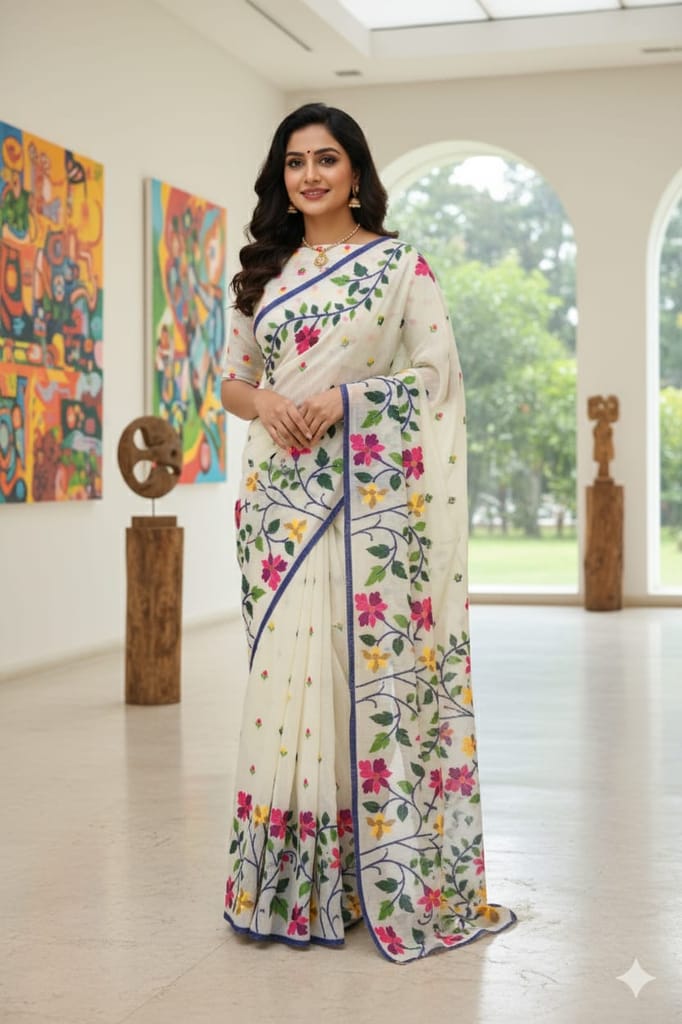Off-White Soft Material Cotton Jamdani Saree - Sarees | Buy online on ZillyBuy