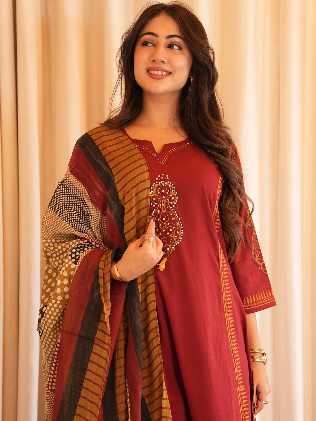 Women's Maroon Embroidered Cotton Kurta with Printed Dupatta