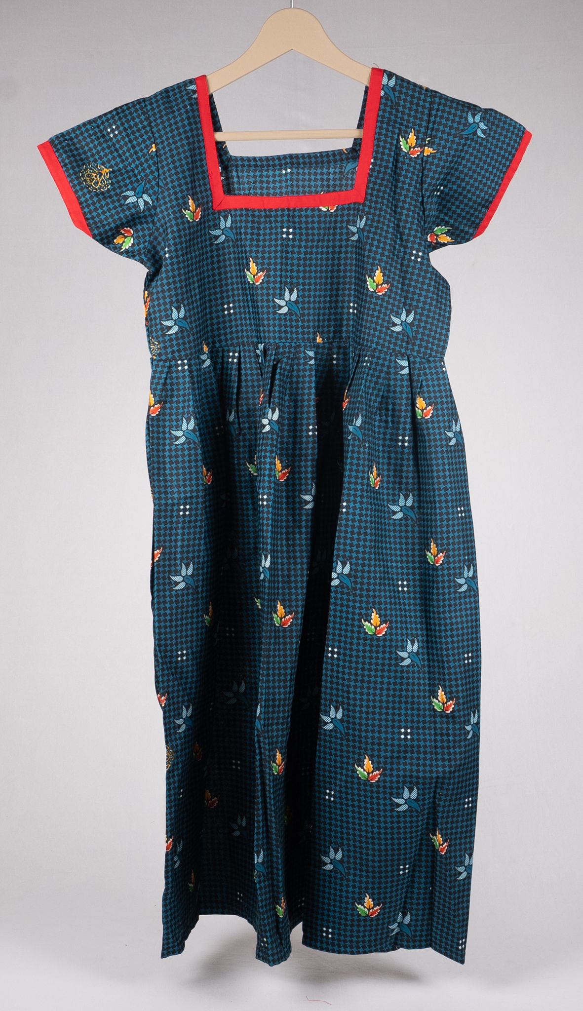 Women's Dark Teal Cotton Printed Midi Dress with Leaf Motifs