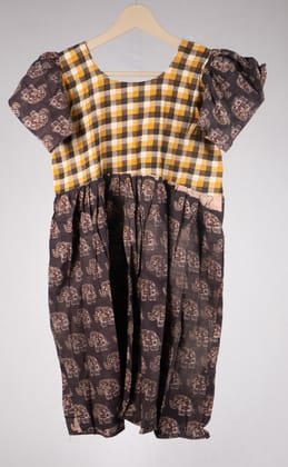 Ethnic Elephant Print & Gingham Check Cotton Midi Dress