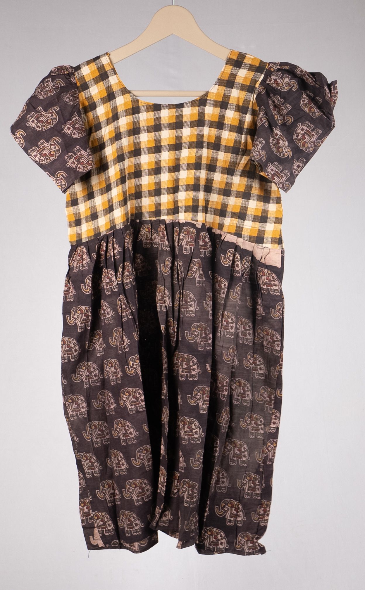 Ethnic Elephant Print & Gingham Check Cotton Midi Dress