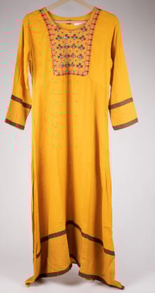 Women's Mustard Yellow Rayon Kurta with Printed Hem