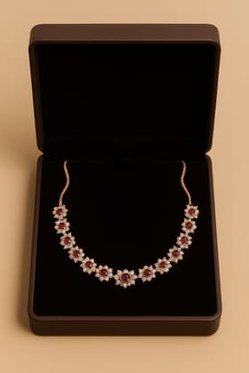 Elegant Rose Gold Plated Ruby & Diamond CZ Cluster Necklace for Women