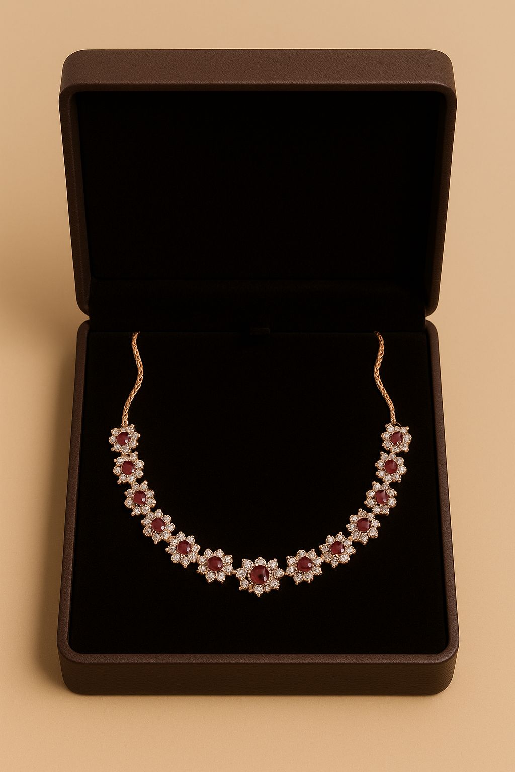 Elegant Rose Gold Plated Ruby & Diamond CZ Cluster Necklace for Women