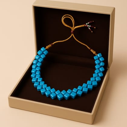 Stylish Blue Cube Beaded Choker Necklace with Adjustable Golden Cord
