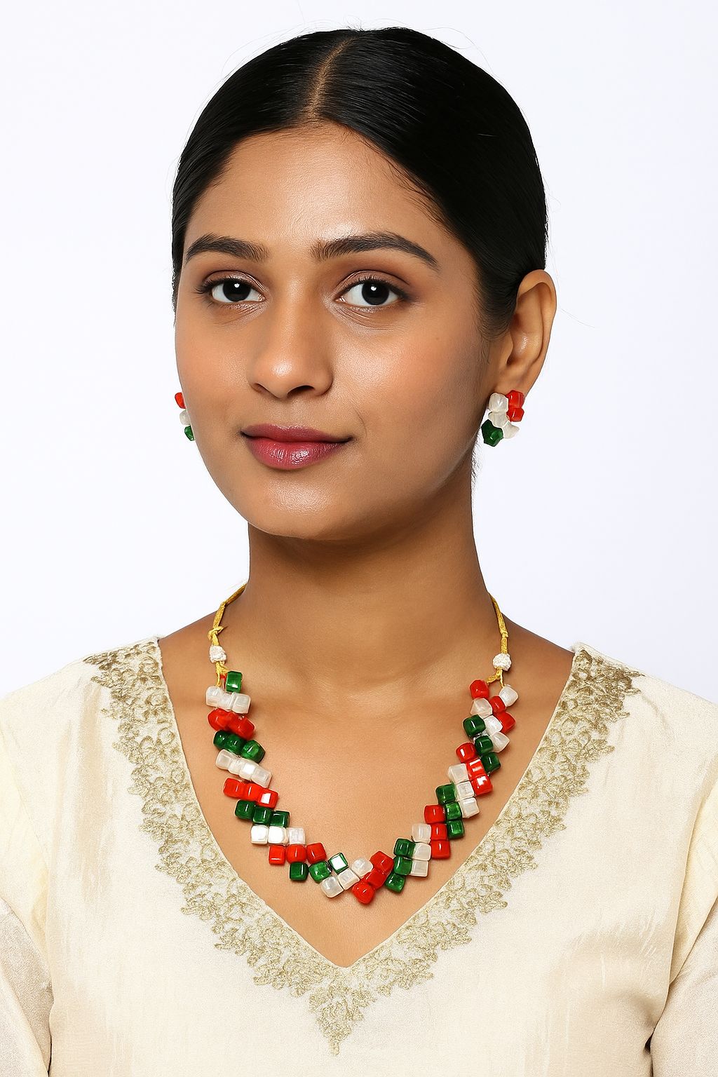Stylish Tricolor Cube Beaded Necklace with Matching Earrings for Women