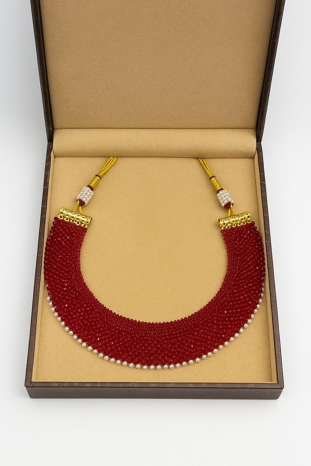 Elegant Red Beaded Choker Necklace with Pearl Accents and Gold Plating