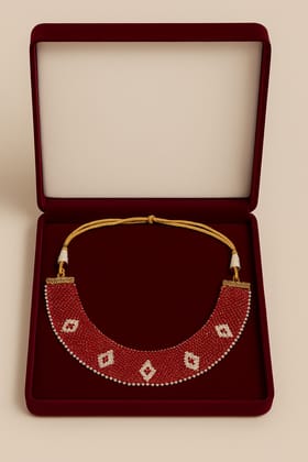 Vibrant Red Beaded Choker Necklace with Gold Tone Accents for Women