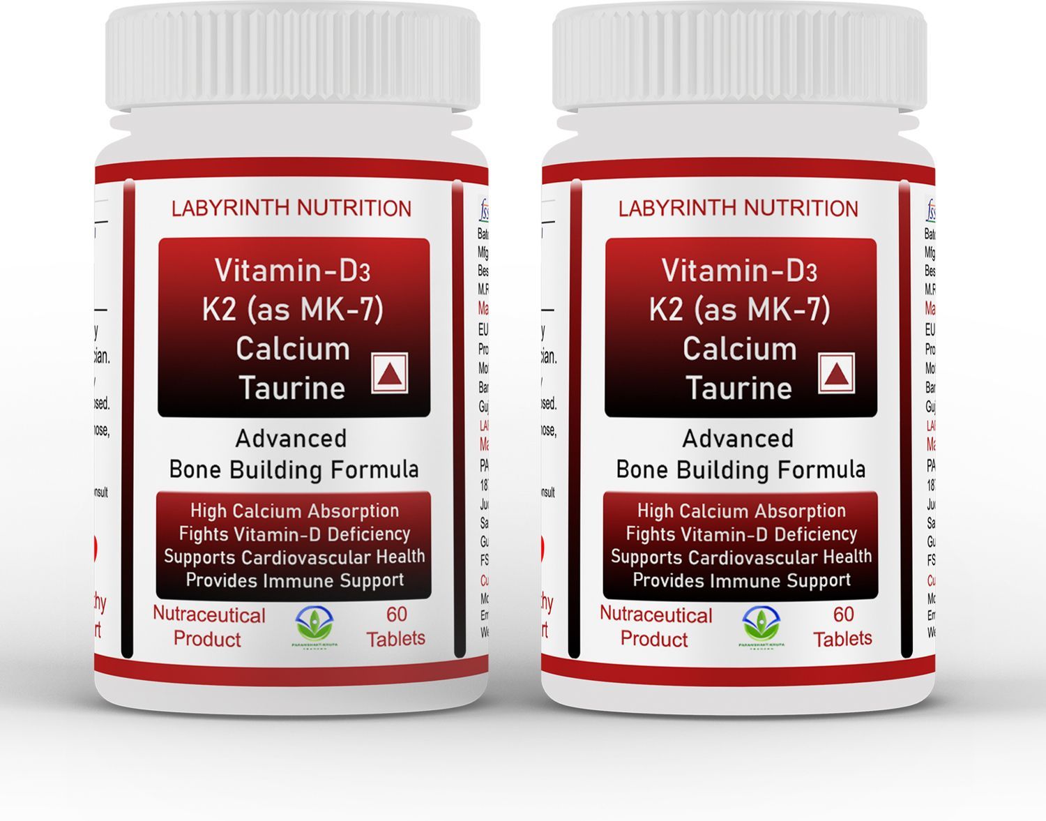 Labyrinth Nutrition Vitamin-D3 K2 Calcium Taurine Advanced Bone Building Formula 60 Tablets