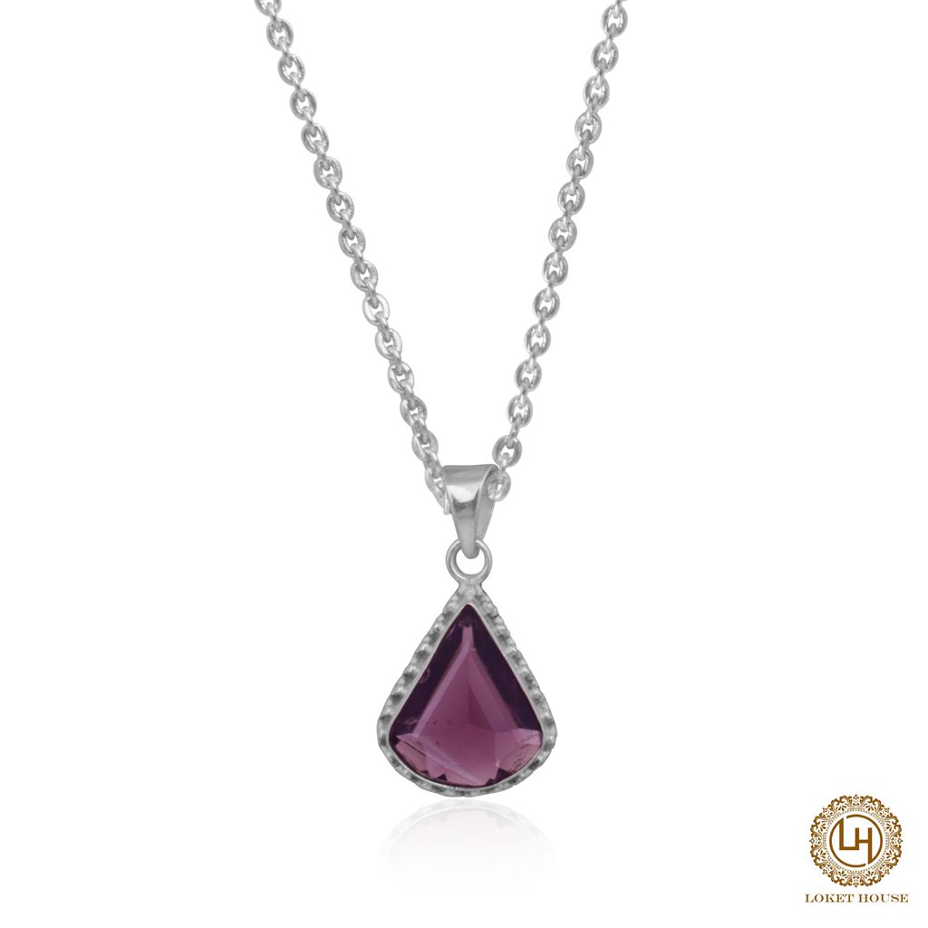 Silver Teardrop Purple Amethyst Gemstone Pendant Necklace