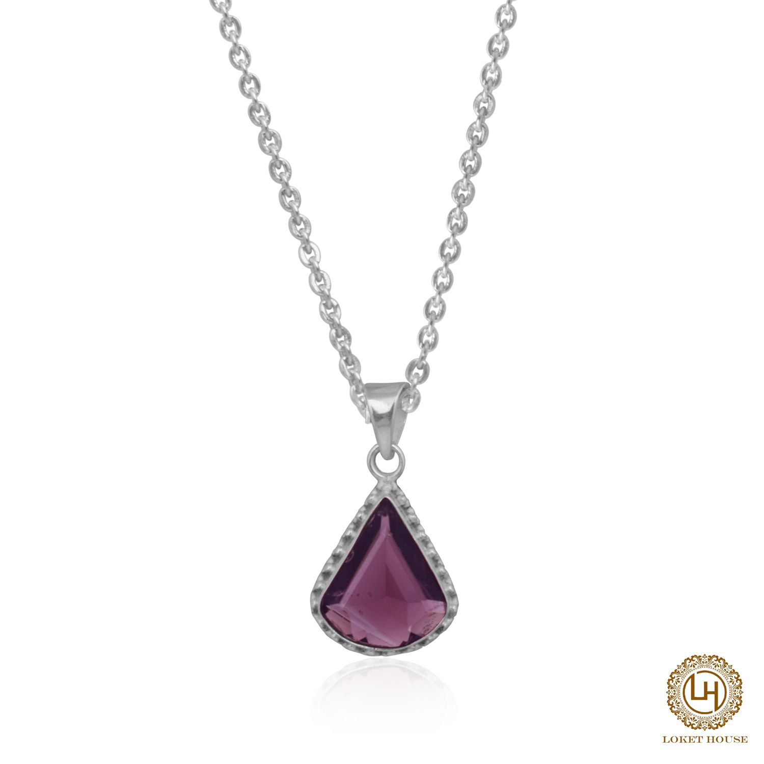 Silver Teardrop Purple Amethyst Gemstone Pendant Necklace