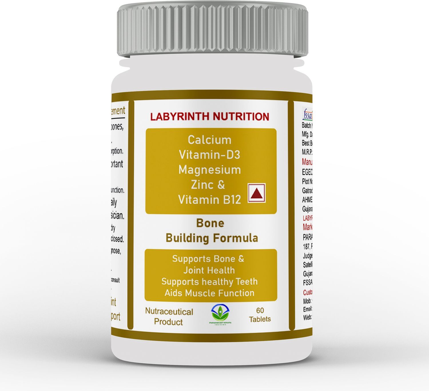 Labyrinth Nutrition Bone Building Formula Tablets - Calcium, Vit D3, Magnesium, Zinc, B12