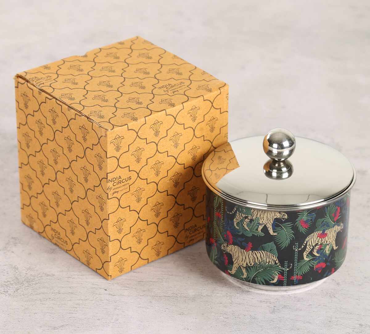 India Circus Tropical Tiger Steel Bowl With Lid