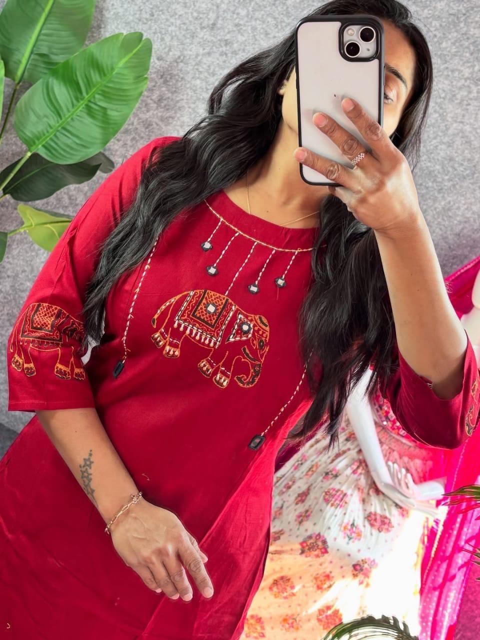Women's Red cotton Kurta set with Elephant Embroidery