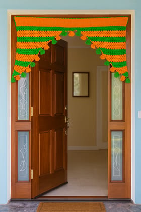 Handmade Orange Green Crocheted Door Toran with Tassels Festive Entrance Decor