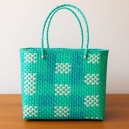 Handcrafted Woven Teal & White Plastic Strip Tote Bag