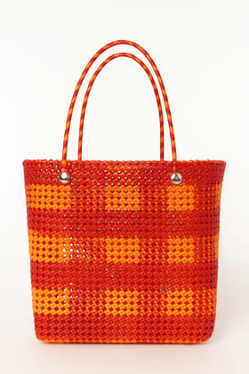 Vibrant Red Orange Woven Plastic Strip Tote Bag