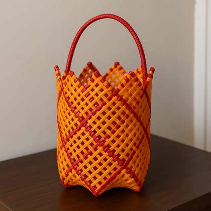 Hand-Woven Orange & Red Plastic Storage Basket with Handle