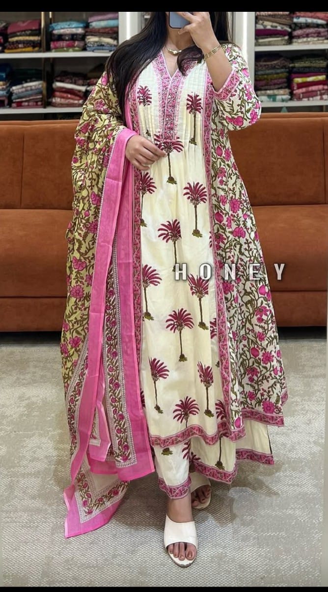 Women's Cream & Pink Palm Print Cotton Kurta Set with Dupatta