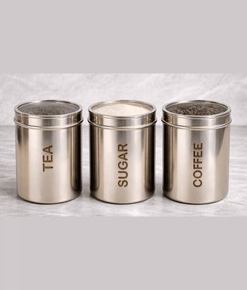 ATROCK Steel Silver Tea/Coffee/Sugar Container ( Set of 3 )