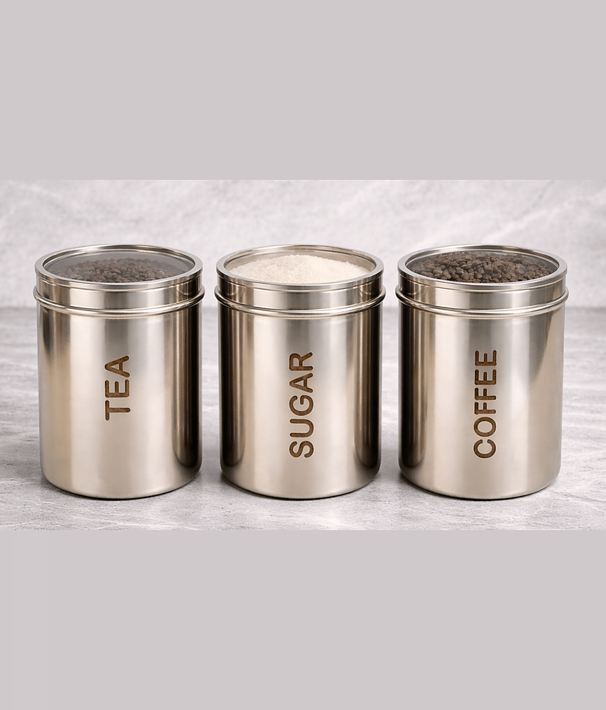 ATROCK Steel Silver Tea/Coffee/Sugar Container ( Set of 3 )