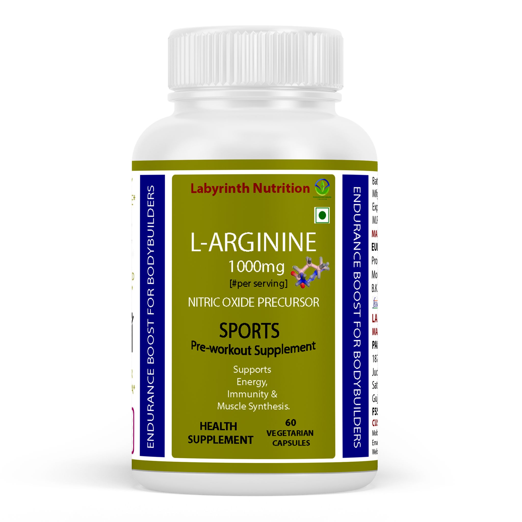 Labyrinth Nutrition L-Arginine 1000mg Pre-Workout for Bodybuilders, 60 Veg Capsules