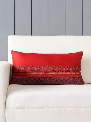 Ajrakh Modal Silk Cushion Cover with Filler Red & Indigo - 12x24-12 Inches x 24 Inches / Modal silk / Madder Red & Indigo