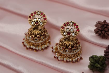 Traditional Pearl & Ruby Gold Plated Choker Necklace Set with Jhumka Earrings