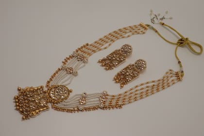 Traditional Gold Plated Kundan Pearl Multilayered Necklace Set with Earrings