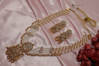 Traditional Gold Plated Kundan Pearl Multilayered Necklace Set with Earrings