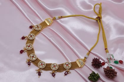 Ethnic Gold Plated Choker Necklace & Jhumka Earring Set with Red Stones & Pearls